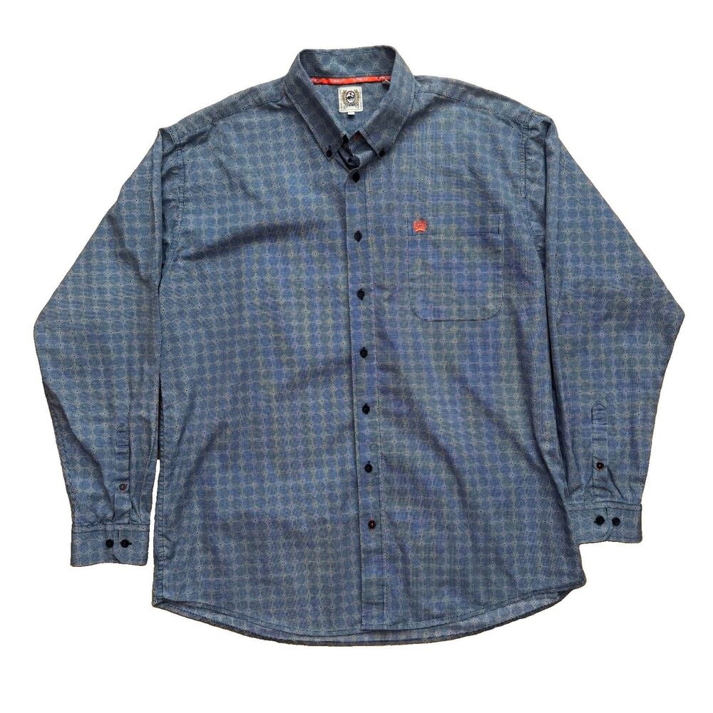 Cinch Western Button Down Shirt Mens Size L Blue Dotted Geometric